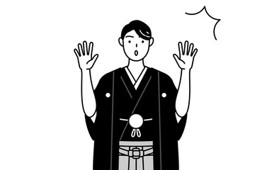 Man wearing Hakama with crest raising his hand in surprise.