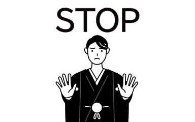 Man wearing Hakama with crest with his hands out in front of his body, signaling a stop.
