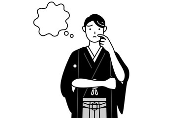 Man wearing Hakama with crest thinking while scratching his face.