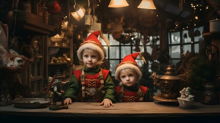 Two cute little boys in Christmas elf costumes are standing behind the counter in a souvenir shop. - obrazy, fototapety, plakaty