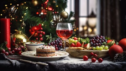 Obraz na płótnie Canvas joyous christmas feast table setting with festive decor and delicious holiday meal