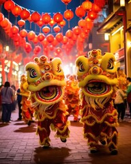 lion dance chinese new year celebration - obrazy, fototapety, plakaty