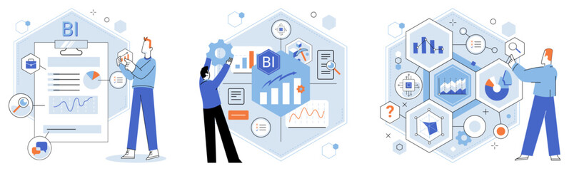 Analysis tool. Business intelligence. Vector illustration A tool for datanalysis simplifies process extracting insights from datasets Each datum collected during research contributes to overall - obrazy, fototapety, plakaty