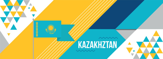 Kazakhstan national or independence day banner design for country celebration. Flag of Kazakhstan with  modern retro design and abstract geometric icons. Vector illustration.