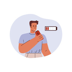 Young man holding energy drink can with lightning sign flat style