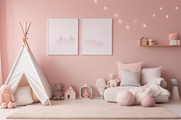 Fototapeta na wymiar Room with soft pink walls. White pictures, pink geometric poufs, wigwam
