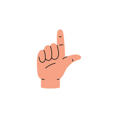 The drawing of a human hand, the L letter of the alphabet in sign language, vector hand language of deaf-mutes, ASL