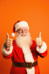 Fototapeta na wymiar Santa claus in santa suit with thumbs up on orange background, merry christmas