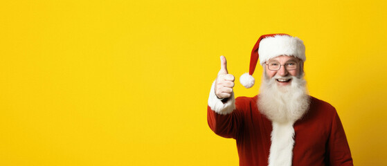 Fototapeta na wymiar Happy senior man in santa claus costume showing thumbs up with copy space for text on yellow background, christmas and new years concept .