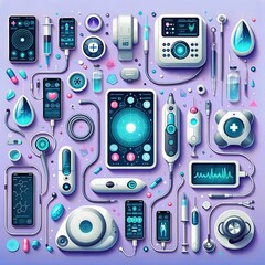 vector depiction of an array of next-gen medical equipment, like portable health monitors, telemedicine devices, and nanotech injectors, arranged on a serene lavender background.