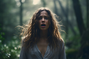 Long haired Caucasian woman lost in summer forest at day. Neural network generated image. Not based on any actual person or scene.