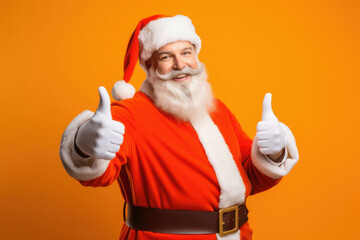 Santa claus with thumb up on orange background .
