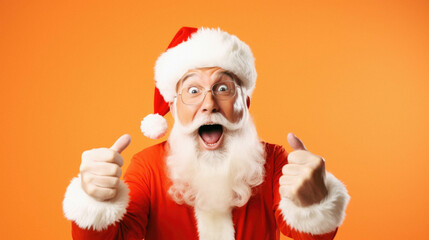 Fototapeta na wymiar Excited santa claus showing thumbs up on orange background, christmas