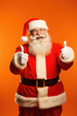 Fototapeta na wymiar Portrait of smiling santa claus showing a thumb up on orange background