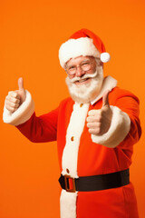 Santa claus showing thumbs up on color background, christmas celebration