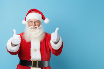 Fototapeta na wymiar Happy santa claus with thumbs up on blue background