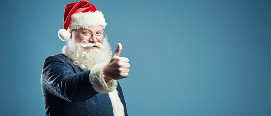 Fototapeta na wymiar Portrait of a santa claus thumb up background. christmas and new year concept