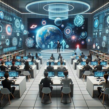 photo of a modern classroom where students are learning through immersive virtual reality environments, with holographic displays and AI tutors guiding them.