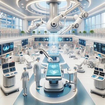render of an advanced medical facility where robots assist surgeons, patients are monitored using wearable health devices, and treatments are administered through nano-technology.