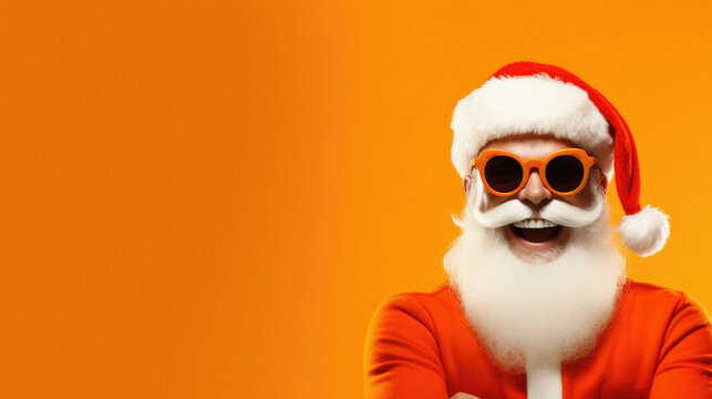 Happy Cool Santa Claus With Sunglasses On Christmas Orange Background. Christmas And New Year Concept .