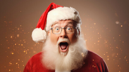 Funny santa claus in christmas hat surprised