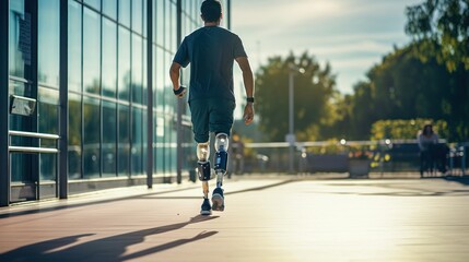 Prosthetics and Implants: Portrait of a patient walking with a prosthetic leg It shows agility and comfort.