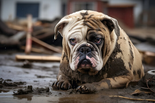 Alone wet and dirty bulldog after disaster on the background of house rubble. Neural network generated image. Not based on any actual scene or pattern.