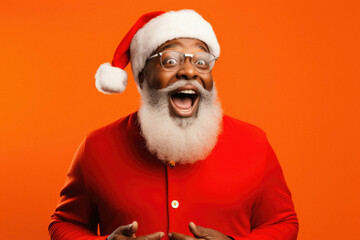 Portrait of happy black man in santa hat celebrating christmas - obrazy, fototapety, plakaty