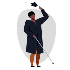A vector image of a black graduate with disability. Unseeing student graduating - 667109140