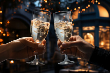 Modern white house, extremely closeup shot of people hands Toasting with champagne glasses against holiday lights and christmas treeultra photoreal. AI generative