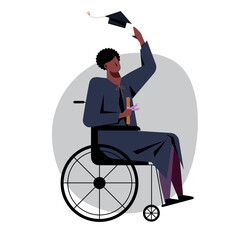 A vector image of a black student in a wheelchair in an academic dress. - 667109385