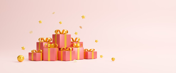 Colorful gift package with ribbon, concept for birthdays, holiday events or other celebrations. Gift boxes with Christmas and New year sale minimal background. Copy space. 3d rendering illustration