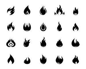 Fire flames, set vector icons black and white of set fire icon