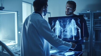 X - ray Imaging: A radiology technician positioning a patient for a chest X - ray.