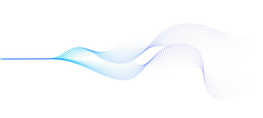 Abstract dot particles wavy flowing 3D curve pattern colorful gradient blue and purple isolated on transparent background in concept of technology, science, music, modern.