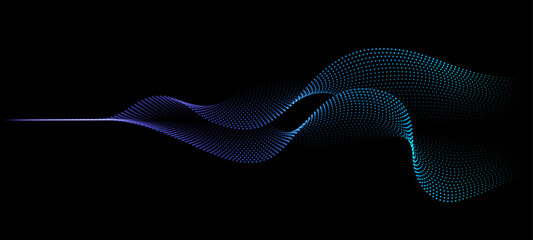 Flowing dots particles wave pattern 3D curve halftone blue and green gradient curve shape isolated on black background. Vector in concept of technology, science, music, modern. - 667110105