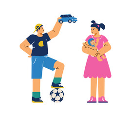 Cute boy and girl children with different toys flat style, vector illustration