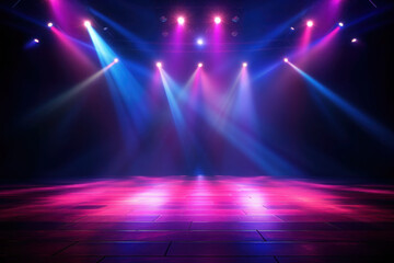 Empty concert stage with illuminated neon glowing spotlights. Stage background with copy space - obrazy, fototapety, plakaty