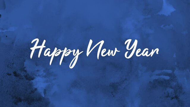 Happy New Year text with blue watercolor brush on black gradient, motion abstract art, watercolor and winter holidays style background