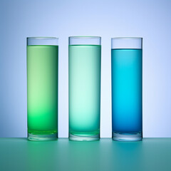 Fotografia de primer plano con detalle de vasos de cristal con liquido de diferentes colores suaves, reflejos de luz y fondo de tonos pastel