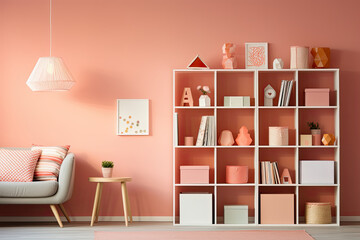 Room with coral pink walls and shelves. White bookshelves, pink geometric patterns, and coral-themed decor establish a trendy atmosphere
