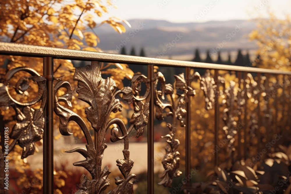 Poster A detailed view of a metal fence with trees in the background. Perfect for adding an industrial touch to your designs or emphasizing the connection between nature and man-made structures.