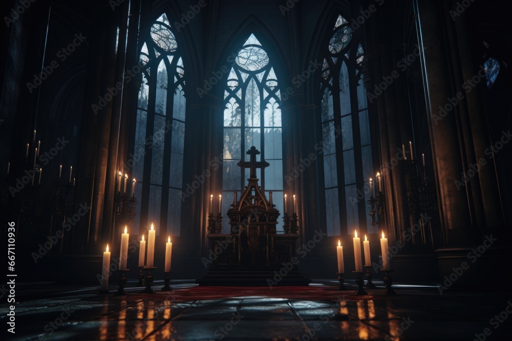 Poster a picture of candles being lit in a dark church with gothic windows. this image can be used to depic