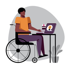 A vector image of a black student in a wheelchair while the remote study. - 667110982