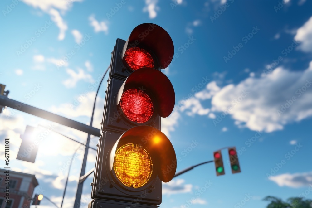 Poster A picture of a traffic light showing the red and yellow lights. This image can be used to represent traffic safety or to illustrate the concept of stopping or waiting.