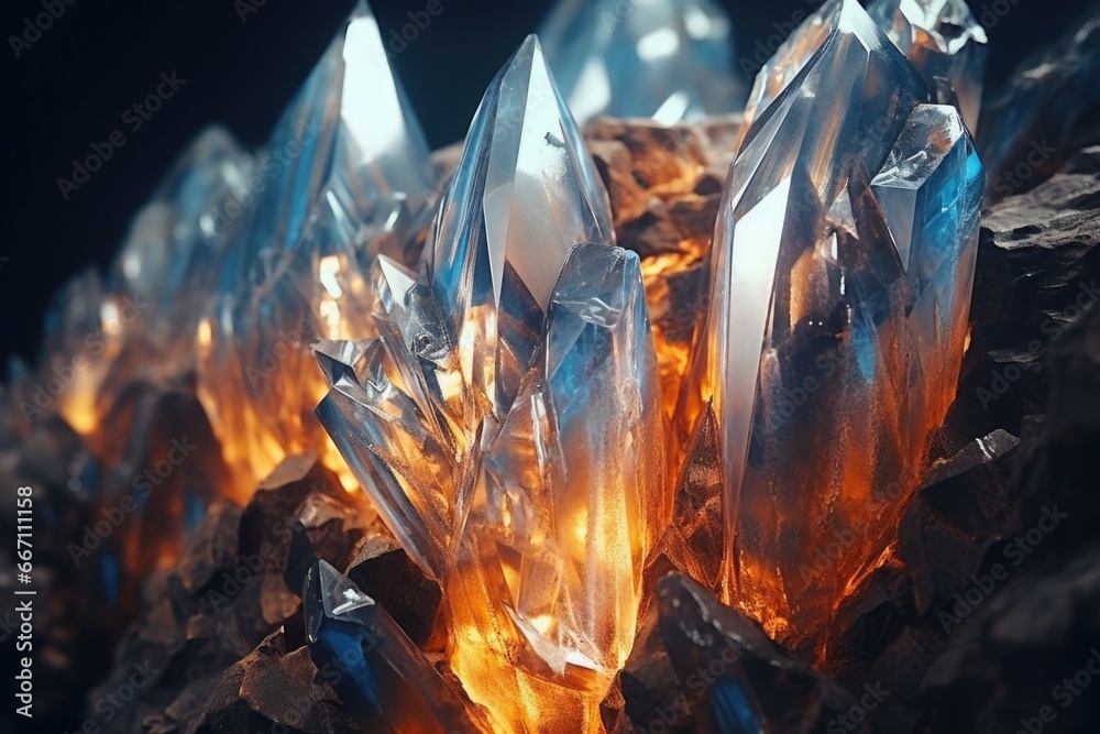 Poster a group of crystals sitting on top of a rock. perfect for adding a touch of natural beauty to any pr