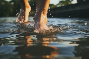 A close up view of a person's feet immersed in water. 