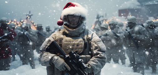 Naklejka premium A soldier in a Santa hat stands under the snow with a weapon in his hands