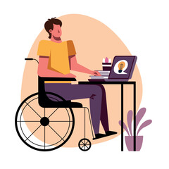 A vector image of a student in a wheelchair while the remote study. - 667111178