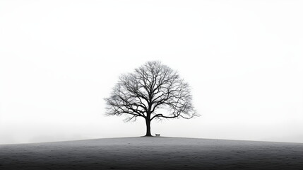 Minimalistic photo of a tree on a white background. State of calm. Gray shades. Fog.